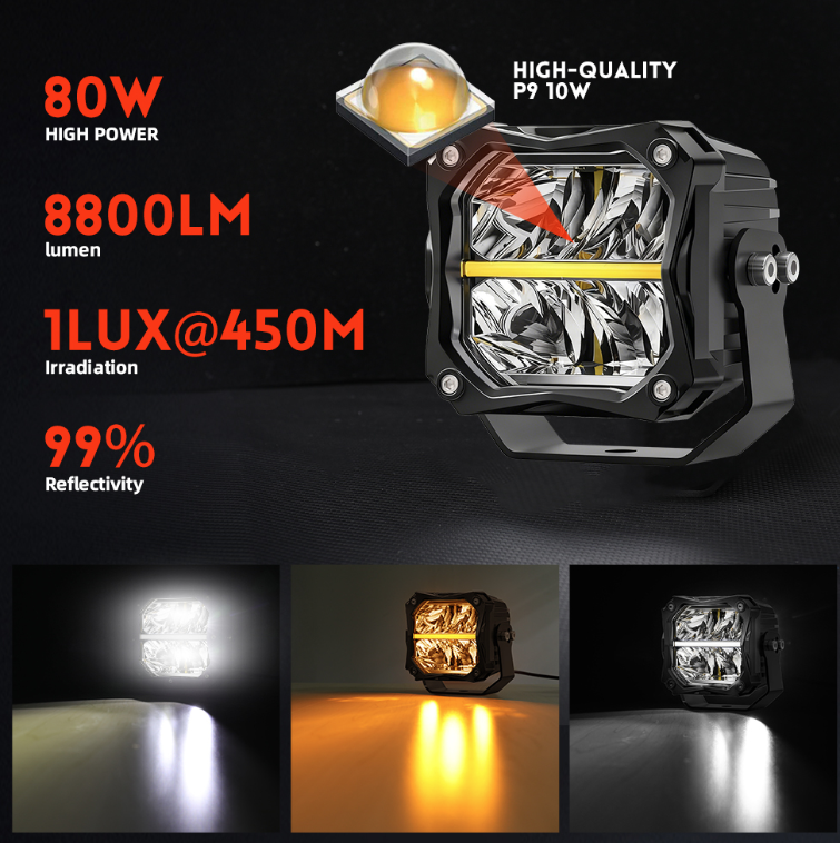 3" Super-Bright Off-Road LED Spot Cube Lights with Amber Backlit DRL (Pair)