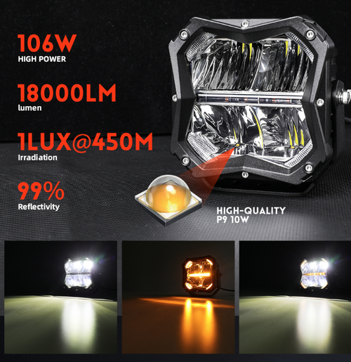 5-Inch 18,000LM LED Spot Driving Light Pod Kit with Integrated Amber DRL