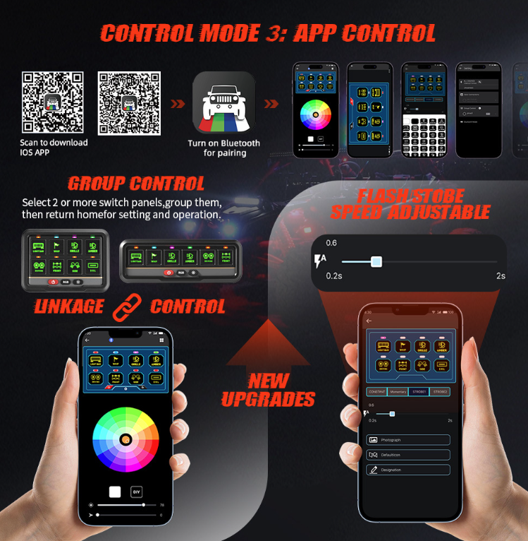 Universal 6-Gang RGB Multi-Color LED Switch Panel Kit | App & Wireless Remote Control