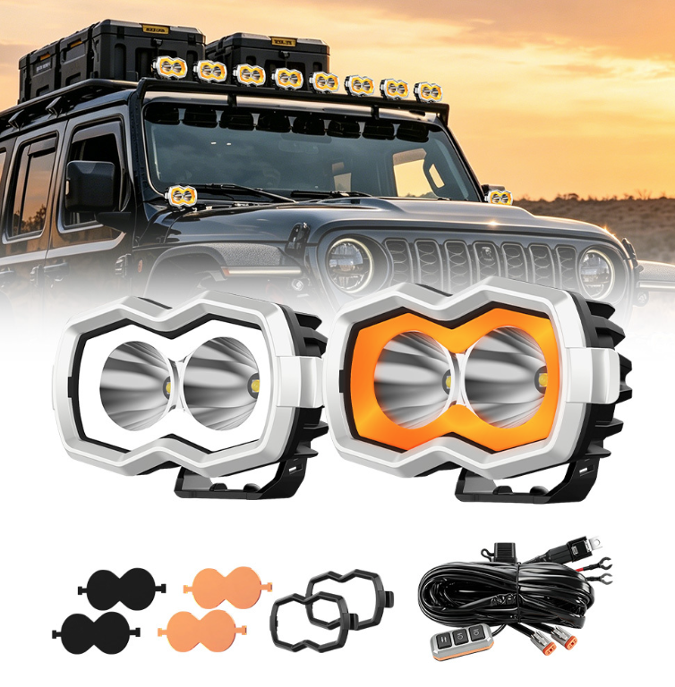 4-Inch Off-Road Dual LED Ditch / A-Pillar Light Pod Kit | White & Amber DRL(Pair)